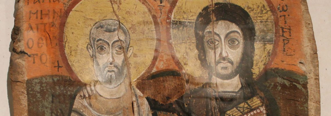 Ausschnitt einer Ikone; Rechts Christus und links Abbas Menas; beide schauen den Betrachter an. Christus hat den Arm um den Abbas gelegt