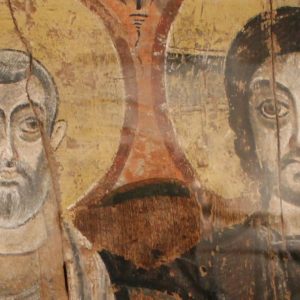 Ausschnitt einer Ikone; Rechts Christus und links Abbas Menas; beide schauen den Betrachter an. Christus hat den Arm um den Abbas gelegt