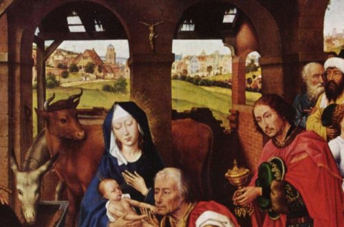 Eine Darstellung der Krippe mit Kruzifix an der Wand.